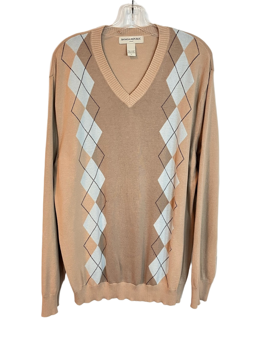 Banana Republic Factory Beige Baby Blue Argyle V-Neck Cotton Sweater XL Mens